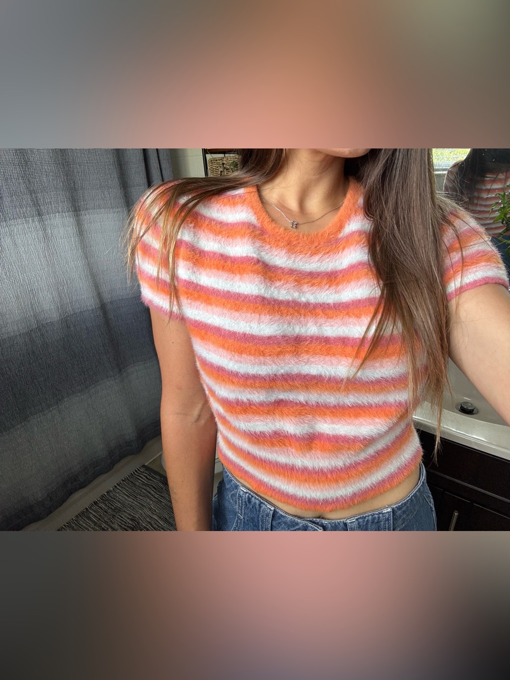 Levi's Orange and White Fuzzy Striped Crewneck Sweater